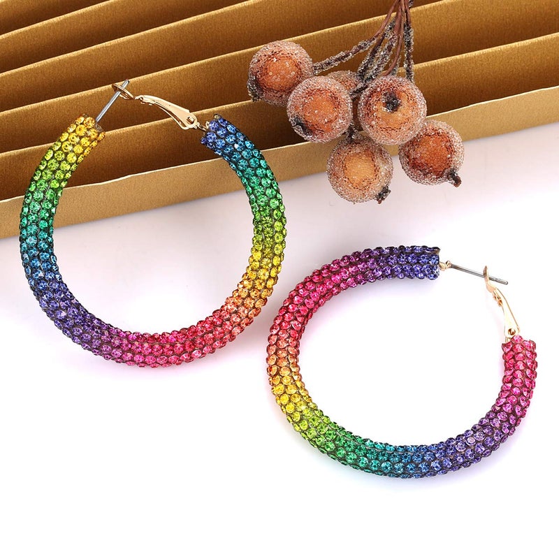 Boderier Hoop Earrings for Women Bohemian Rainbow Sparkle Pave Resin Rhinestone Wrapped Hoop Earrings Fashion Jewelry (Rainbow) - Image 2